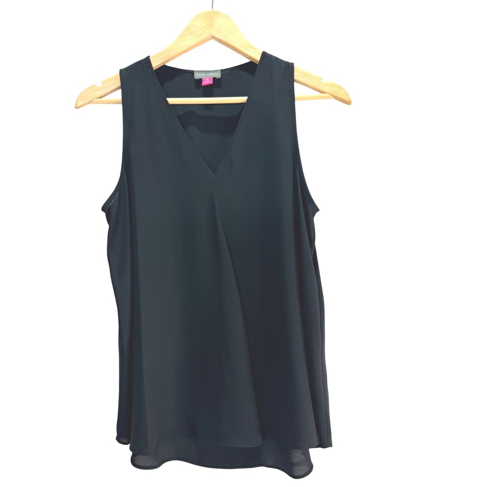 Vince Camuto Semi Sheer Blouse Womens Petite Small Black Sleeveless V-Neck Layer